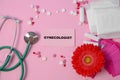 Flat lay composition with stethoscope, period supplies Royalty Free Stock Photo