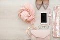 Flat lay composition with stylish female outfit Royalty Free Stock Photo