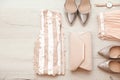 Flat lay composition with stylish female outfit Royalty Free Stock Photo