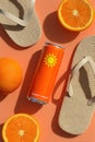 Flat lay composition of summer-themed items with a beverage can and oranges Royalty Free Stock Photo