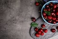 Flat lay composition with sweet cherries on grey table Royalty Free Stock Photo