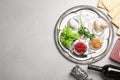 Flat lay composition with symbolic Passover Pesach items on color background Royalty Free Stock Photo