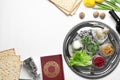 Flat lay composition with symbolic Passover Pesach items and meal Royalty Free Stock Photo