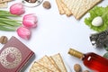 Flat lay composition with symbolic Passover Pesach items on white background Royalty Free Stock Photo
