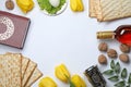 Flat lay composition with symbolic Passover Pesach items on white background Royalty Free Stock Photo