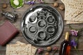 Flat lay composition with symbolic Passover Pesach items Royalty Free Stock Photo