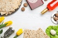 Flat lay composition with symbolic Passover Pesach items on wooden background Royalty Free Stock Photo