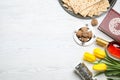 Flat lay composition with symbolic Passover Pesach items on wooden background Royalty Free Stock Photo