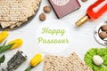 Flat lay composition with symbolic Passover Pesach items on wooden background