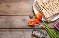 Flat lay composition with symbolic Pesach Passover Seder items on table, space for text Royalty Free Stock Photo