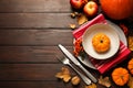 Flat lay composition with tableware, autumn fruits and vegetables on background, space for text. Thanksgiving Day Royalty Free Stock Photo