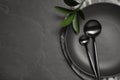 Flat lay composition with tableware on black background. Space for text Royalty Free Stock Photo