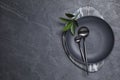 Flat lay composition with tableware on black background. Space for text Royalty Free Stock Photo