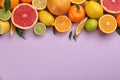 Flat lay composition with tangerines and different citrus fruits on lilac background. Space for text