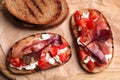 Flat lay composition with tasty bruschettas