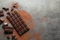 Flat lay composition with tasty chocolate on background. Space for text Royalty Free Stock Photo
