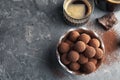 Flat lay composition with tasty chocolate truffles on grey background Royalty Free Stock Photo