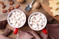 Flat lay composition of tasty cocoa with marshmallows on table Royalty Free Stock Photo