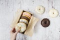 flat lay composition tasty donuts. High quality photo