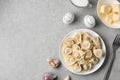 Flat lay composition with tasty dumplings on grey table, space for text Royalty Free Stock Photo