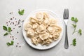 Flat lay composition with tasty dumplings on table Royalty Free Stock Photo