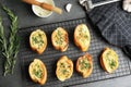 Flat lay composition with tasty homemade garlic bread