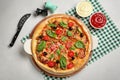 Flat lay composition with tasty homemade pizza Royalty Free Stock Photo