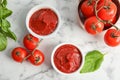 Flat lay composition with tasty homemade tomato sauce Royalty Free Stock Photo
