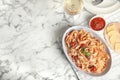 Flat lay composition with tasty pasta on marble table, space for text Royalty Free Stock Photo