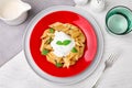 Flat lay composition with tasty pasta on white wooden table Royalty Free Stock Photo