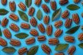 Flat lay composition with tasty pecan nuts and green leaves on light blue background Royalty Free Stock Photo