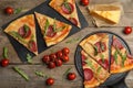 Flat lay composition with tasty pepperoni pizza on table Royalty Free Stock Photo