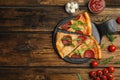 Flat lay composition with tasty pepperoni pizza on table. Space for text Royalty Free Stock Photo