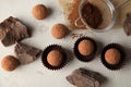 Flat lay composition with tasty raw chocolate truffles Royalty Free Stock Photo