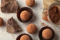 Flat lay composition with tasty raw chocolate truffles Royalty Free Stock Photo