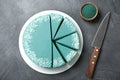 Flat lay composition with tasty spirulina cheesecake on grey table Royalty Free Stock Photo