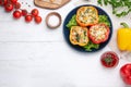 Flat lay composition with tasty stuffed bell peppers on wooden table, space for text Royalty Free Stock Photo