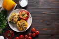 Flat lay composition with tasty stuffed bell peppers Royalty Free Stock Photo