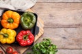 Flat lay composition with tasty stuffed bell peppers on table, space for text Royalty Free Stock Photo