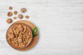 Flat lay composition with tasty walnuts and space for text Royalty Free Stock Photo