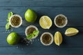 Flat lay composition with tequila shots, salt, lime slices and mint Royalty Free Stock Photo