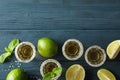 Flat lay composition with tequila shots, salt, lime slices and mint Royalty Free Stock Photo