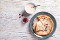 Flat lay composition with thin pancakes Royalty Free Stock Photo
