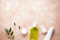 Flat lay composition of toothbrushes, toothpaste and mouthwash on a beige background with space for text Royalty Free Stock Photo