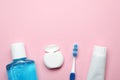 Flat lay composition with toothpaste, oral hygiene products and space for text Royalty Free Stock Photo