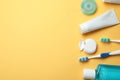 Flat lay composition with toothpaste, oral hygiene products and space for text Royalty Free Stock Photo