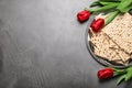 Flat lay composition with traditional Pesach Passover Seder matzo on table. Space for text Royalty Free Stock Photo