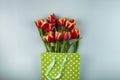 Flat lay composition with tulips  in paper bag Royalty Free Stock Photo