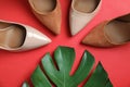 Flat lay composition with two pairs of beautiful shoes and monstera leaf Royalty Free Stock Photo