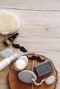 Flat lay composition of various man bathroom products with a lot of copy space. Bar of clay soap, pumice stone. Royalty Free Stock Photo